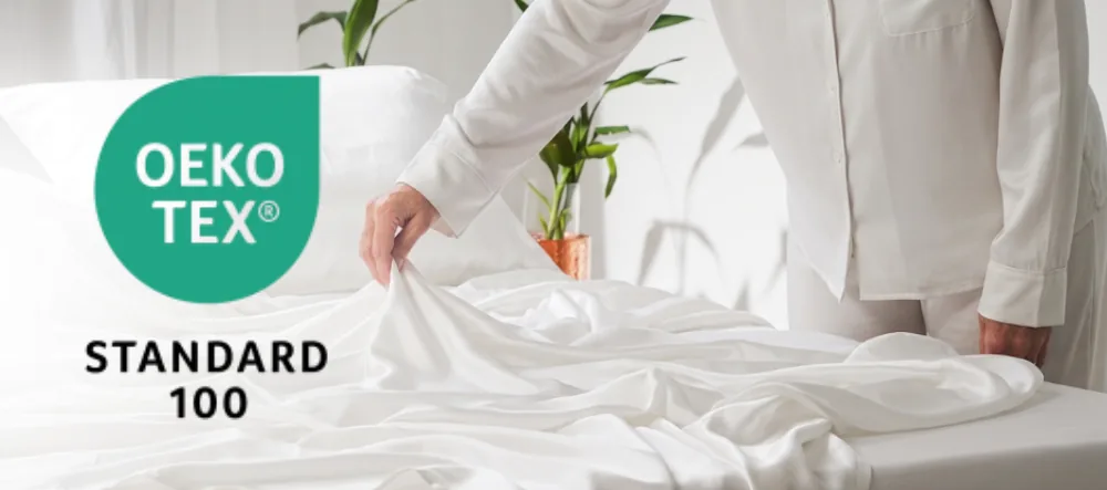 Selo OEKO-TEX Standard 100 e lençol branco Liliss